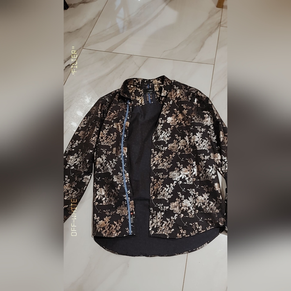 Buckle Foiled EIGHT X Black Gold Floral Print Slim Fit Button Up Dress Shirt XL